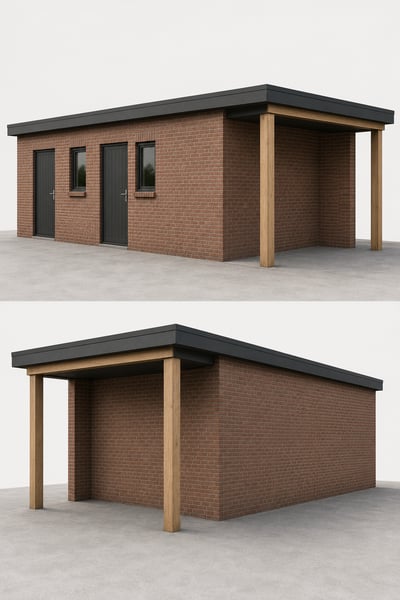Two oblique views of a brick garden shed with a dark flat roof, charcoal doors, narrow windows, and a timber-post canopy