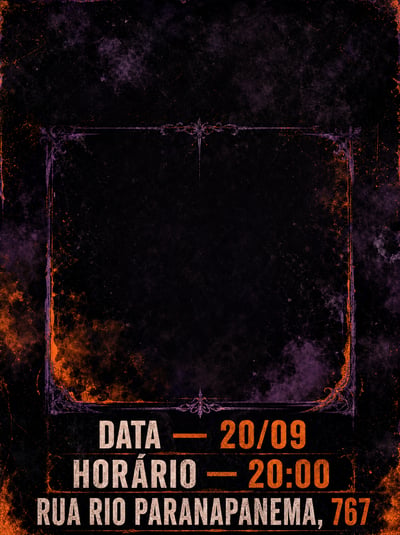 Dark gothic rock poster with purple haze, burnt-orange splatter, an ornate empty photo frame, and Portuguese event details