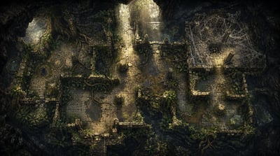 Cinematic overhead jungle-ruins encounter map with mossy paths, roots, pillars, puddles, sunbeams, and a webbed chamber