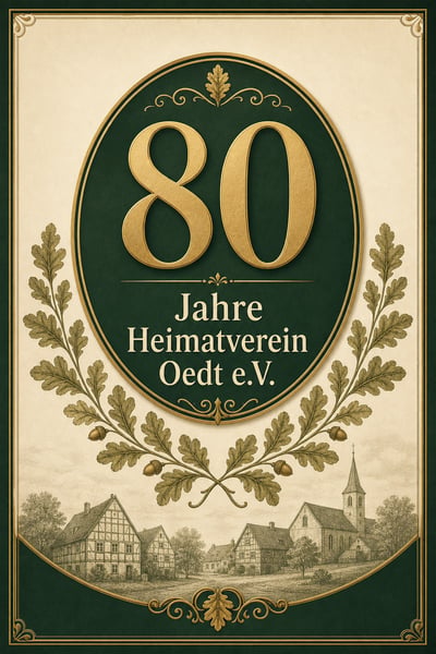 German 80th-anniversary heritage poster with a gold 80, dark green medallion, oak branches, village scene, and ornate frame