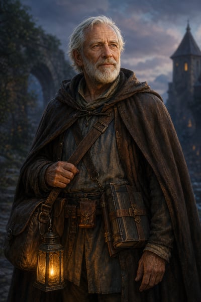 Elderly white-haired fantasy mage in a hooded cloak with a glowing lantern, leather satchel, belt pouches, and strapped spellbook