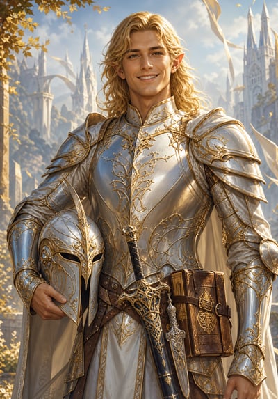 Smiling blond elf in ornate silver-and-gold armor holding a helmet, with a sword, dagger, and strapped spellbook at his belt