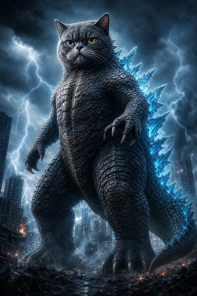 Cat-headed reptilian kaiju with glowing electric-blue spines towering over a rain-soaked city during a lightning storm