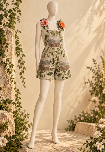 Faceless mannequin wearing sand-beige botanical short overalls with green floral straps and coral-orange shoulder flowers