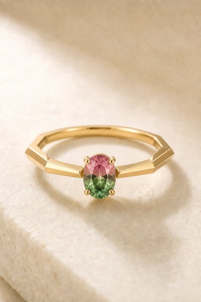 Faceted gold-toned ring with a pink-and-green oval gemstone photographed on warm limestone in soft natural light