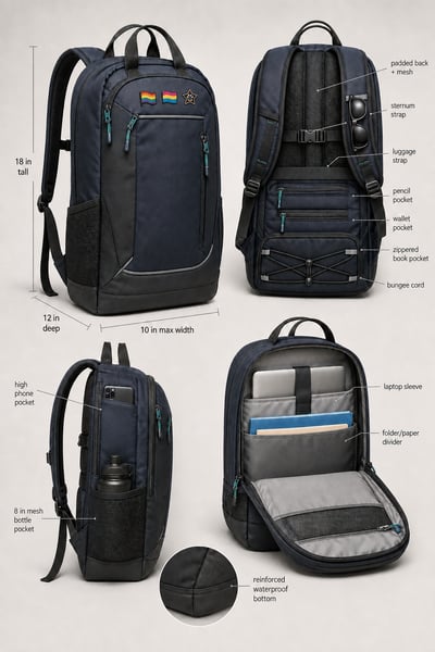 Technical backpack concept sheet with four annotated views, dimensions, compartments, padded straps, laptop sleeve, and pride pins