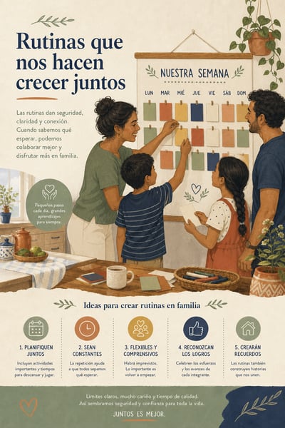 Spanish family-routine brochure with two adults and two children using a weekly planning board and five practical tips