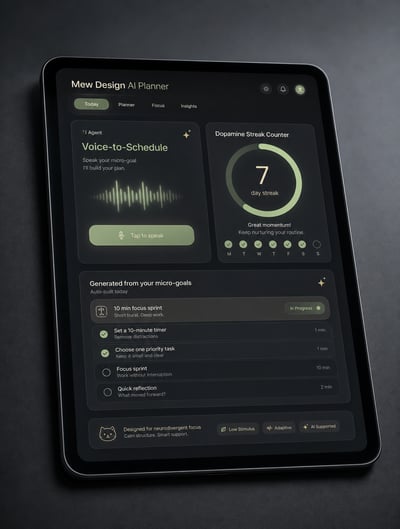 Black tablet showing the Mew Design AI Planner dashboard with voice scheduling, streak tracking, micro-goals, and dark minimal styling
