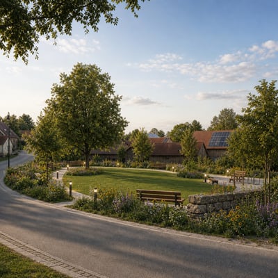 Realistic eye-level 3D view of a rural village square with a central lawn, stone paths, wildflower beds, benches, and warm daylight