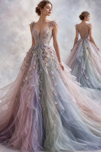 Editorial fashion concept featuring a pastel lavender, blush, sage, and blue ball gown, layered tulle, floral appliqués, and a rear view