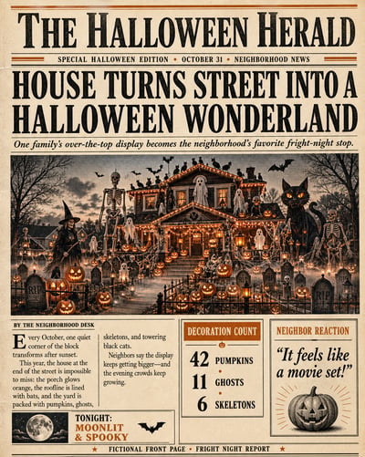 Vintage Halloween newspaper front page featuring a decorated suburban house, cream newsprint, halftone texture, bold serif type, and