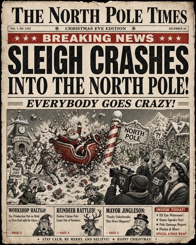 Vintage Christmas tabloid front page showing Santa’s comic North Pole sleigh crash, distressed type, halftone art, and bold red accents