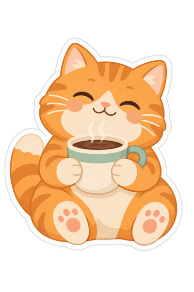 Centered orange tabby sticker holding a steaming coffee cup, with cream and mint accents, soft shading, a white border, and a dark halo