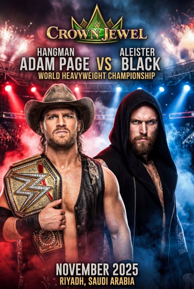 Wrestling poster with a cowboy-hatted man holding a gold title belt beside a hooded bearded man under red and blue arena lights