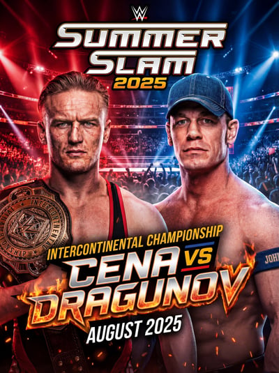 SummerSlam 2025 poster with a wrestler holding a title belt beside a man in a blue cap, above fiery CENA VS DRAGUNOV text