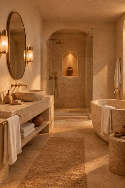 Warm stone bathroom with an arched shower, oval mirror, vessel basin, freestanding tub, brass fittings, and white towels