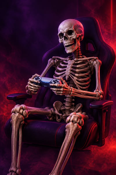 Grinning skeleton holding a game controller in a racing-style chair under purple haze and red rim light