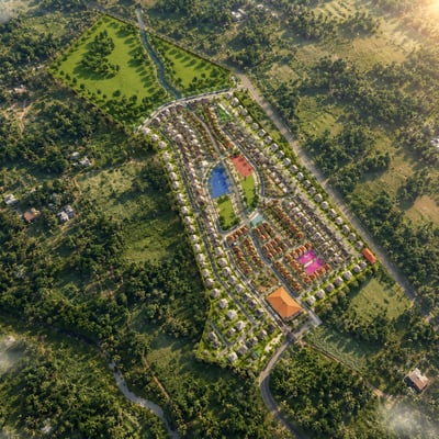 Aerial render of an elongated tropical residential estate with low-rise homes, curving roads, green reserves, and recreation zones