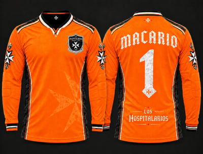 Front and back of an orange goalkeeper jersey with padded sleeves, black-white trim, MACARIO lettering, and number 1