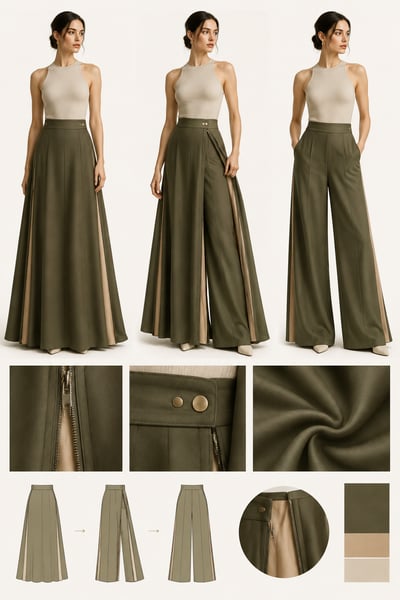Olive garment shown as a maxi skirt, half-converted skirt, and wide-leg pants, with zipper, snap, and fabric detail insets