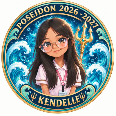 Poseidon 2026–2027 badge with a glasses-wearing chibi portrait, turquoise waves, a gold trident, and KENDELLE lettering