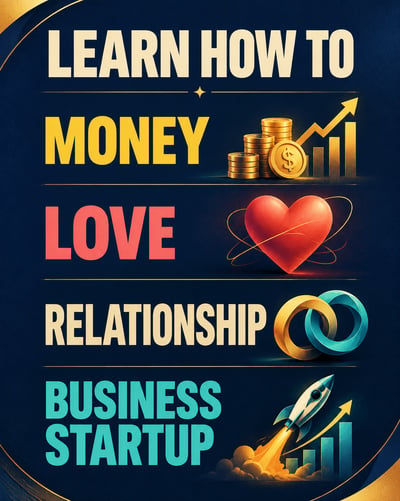 Midnight-blue LEARN HOW TO poster with money, love, relationship, and business-startup headings and matching illustrations