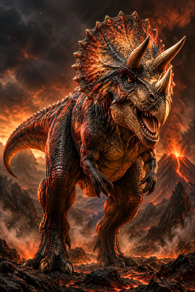 Triceratops-headed dinosaur hybrid with three horns, a broad frill, muscular hind legs, and ember-colored scales in a volcanic landscape