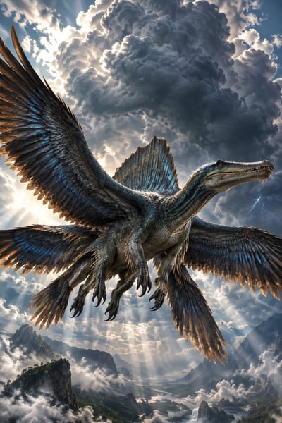 Six-legged feathered dinosaur hybrid with four wings and a dorsal sail flying beneath towering storm clouds