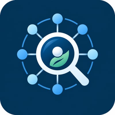 Rounded navy app icon with a white magnifying glass, blue radial nodes, a small white globule, and a mint leaf