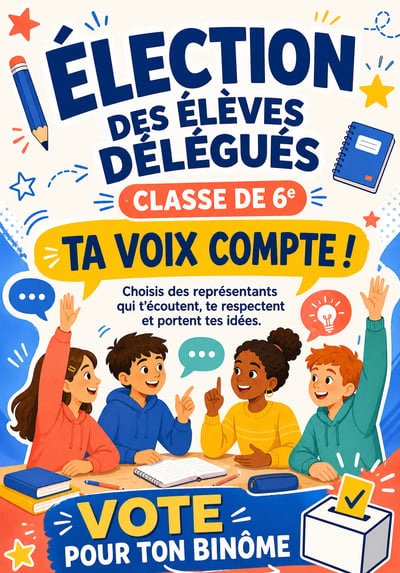 French sixth-grade election poster with bold navy text, four illustrated students, colorful speech bubbles, and a ballot box