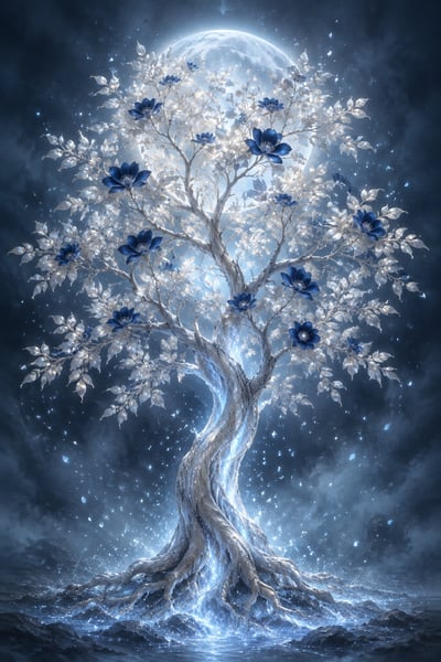 Silver fantasy tree with pearlescent leaves, midnight-blue flowers, icy glowing roots, and a luminous canopy halo