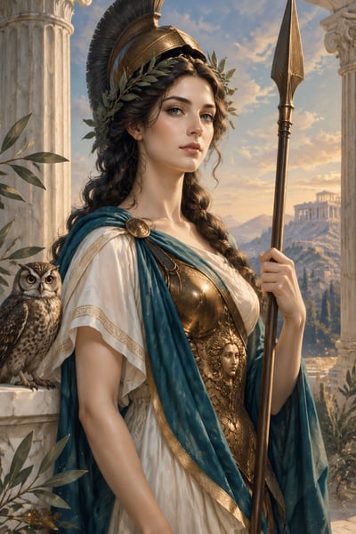 Athena in bronze armor and teal drapery holding an upright spear beside an owl, framed by marble columns and dawn light