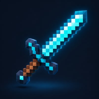 Cyan-teal voxel sword with a dark guard and brown handle angled diagonally across a navy background with a soft blue glow