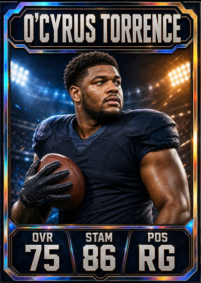 Custom O'Cyrus Torrence football card with a blue-gold-orange foil frame and OVR 75, STAM 86, and POS RG blocks