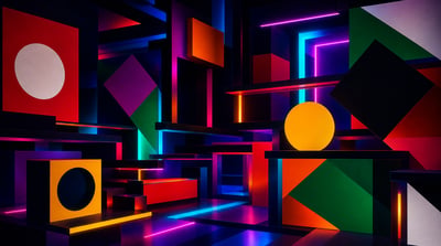 Wide abstract artwork with dark 3D architectural layers, neon magenta-cyan portals, circles, diamonds, and vivid color blocks