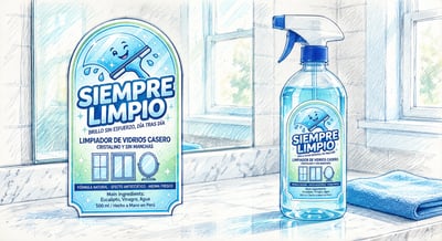 Blue-ink Siempre Limpio glass-cleaner sketch with a spray bottle, folded cloth, marble counter, and kitchen windows