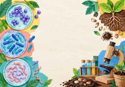 Handmade biology collage with three bacteria forms, petri dishes, plants, test tubes, and a cardboard microscope around a clear center