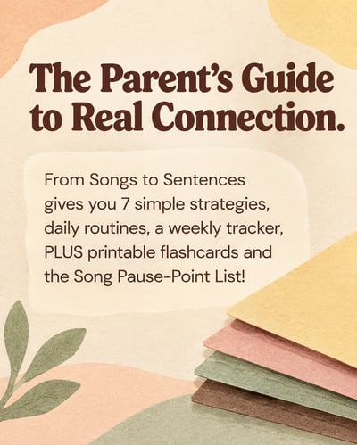 Pastel parent-guide slide with a cocoa serif headline, cream copy panel, sage shapes, and layered peach and yellow paper