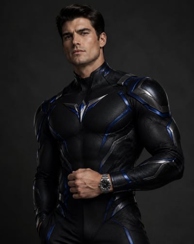 Man in a sculpted midnight-black superhero suit with cobalt accents, a geometric chest emblem, and a metal wristwatch