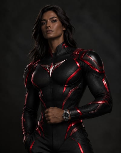 Adult woman with deep brown skin in crimson-and-black superhero armor with a silver emblem against a charcoal background