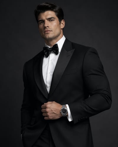Three-quarter menswear portrait with a black tuxedo, white shirt, bow tie, and steel wristwatch against a charcoal background