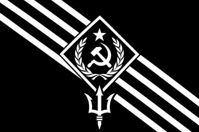 Fictional black-and-white flag with diagonal bands, a diamond, star, hammer-and-sickle emblem, laurel branches, and trident