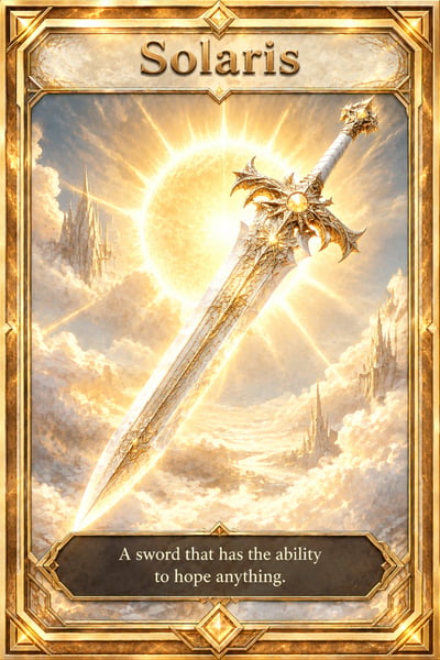 Solaris fantasy trading card with an ivory-and-gold sword, radiant sun, layered clouds, ornate border, and lower ability panel