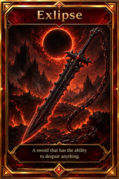 Exlipse fantasy trading card with a jagged black sword and chain against a volcanic landscape beneath an eclipsed sun