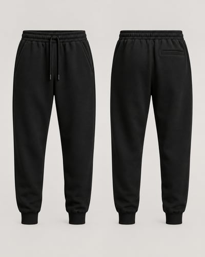 Black jogger pants in aligned front and back views with a drawcord waist, ribbed cuffs, and pockets on a warm-gray background