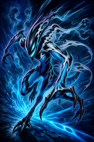 Ghostfreak–XLR8 fan-art hybrid with a blue body, spectral markings, elongated claws, and cyan trails in midnight-blue smoke