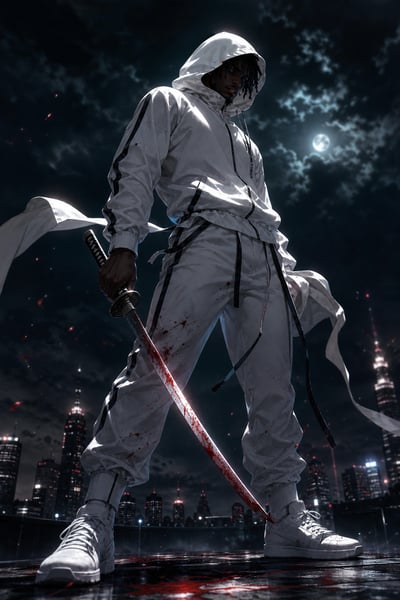 Hooded ninja in a white tracksuit holding a blood-marked katana on a wet moonlit rooftop above distant city lights