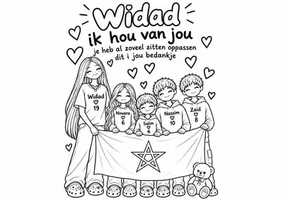 Black-and-white Dutch thank-you coloring page with a woman and four children, hearts, a star-marked tablecloth, and teddy bear