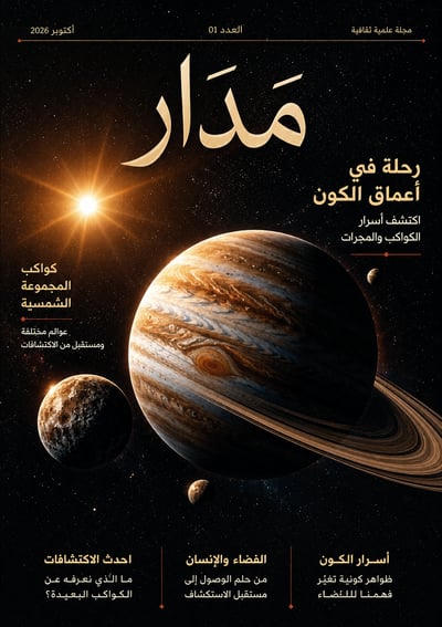 Arabic astronomy cover with a large ringed planet, golden sun, smaller moons, black starfield, and ivory-gold headlines