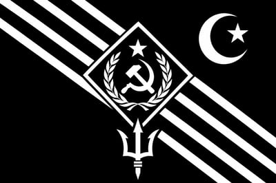 Fictional monochrome flag with diagonal bands, an emblem inside a diamond, a trident, and an upper-right crescent and star